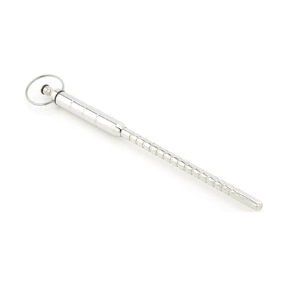 Angled view of the grooved stainless steel vibrating urethral sound