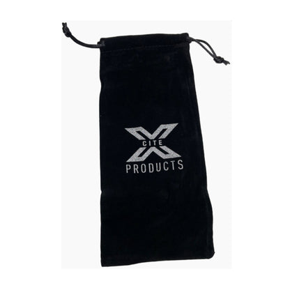 Black velvet drawstring storage bag with Xcite Products logo