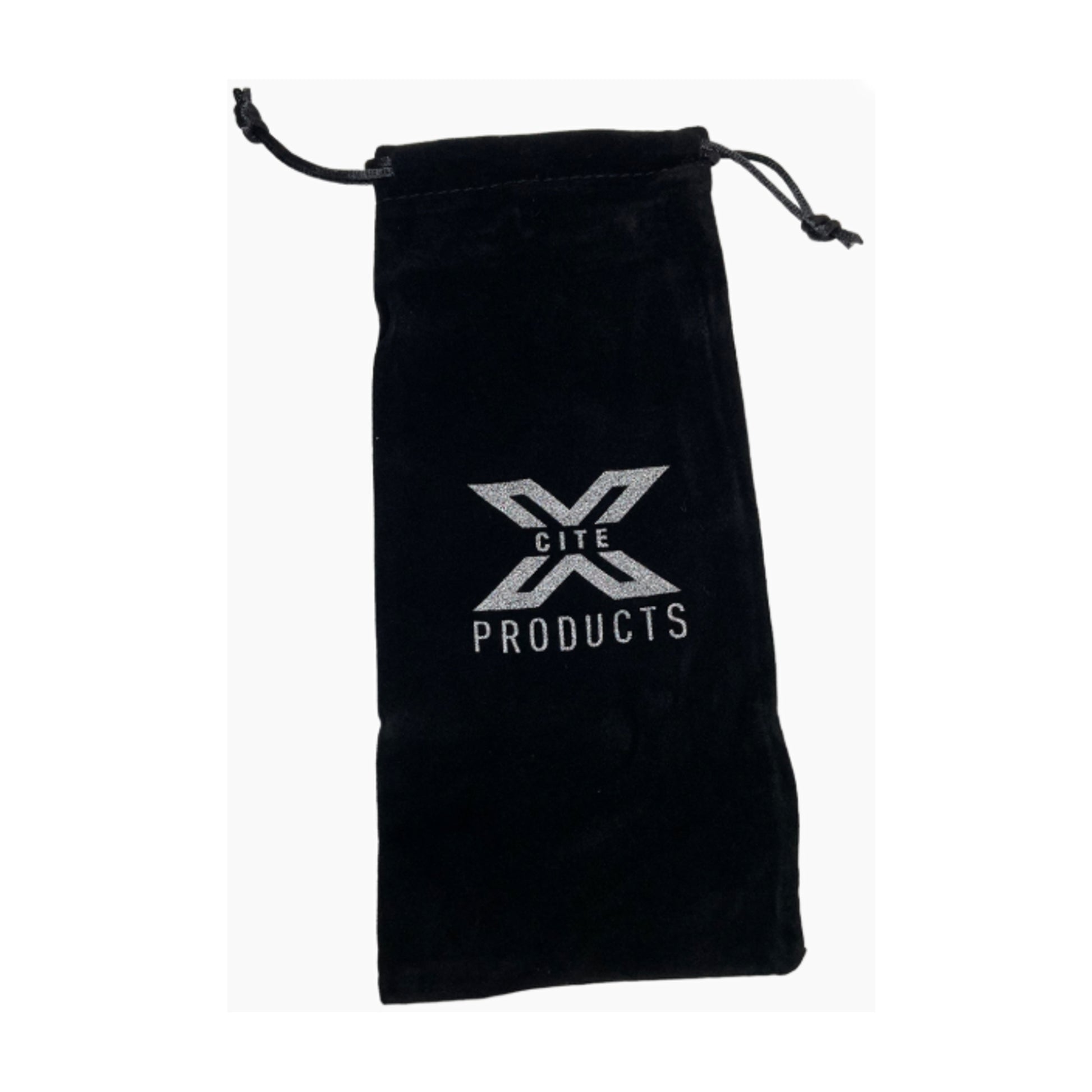Black velvet drawstring storage bag with Xcite Products logo