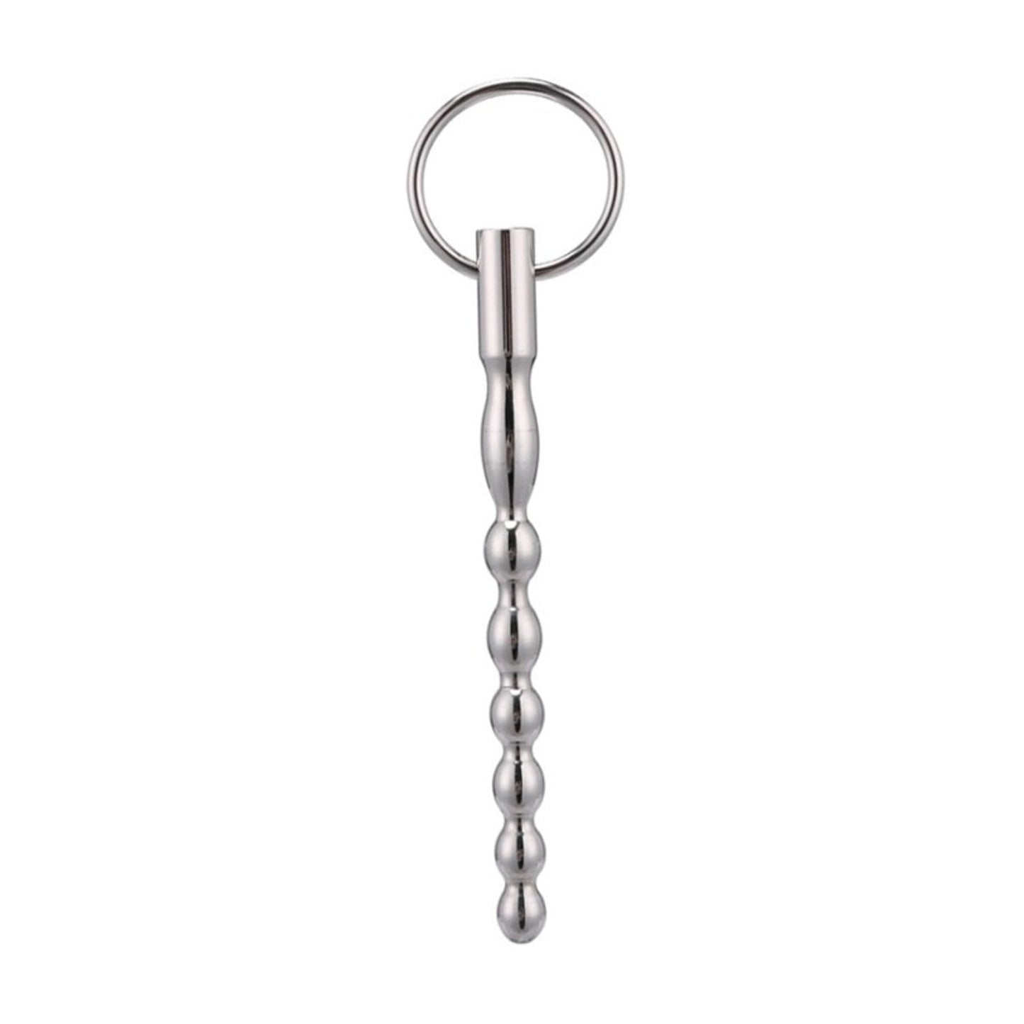 Front view of the stainless steel ribbed urethral sound with safety ring