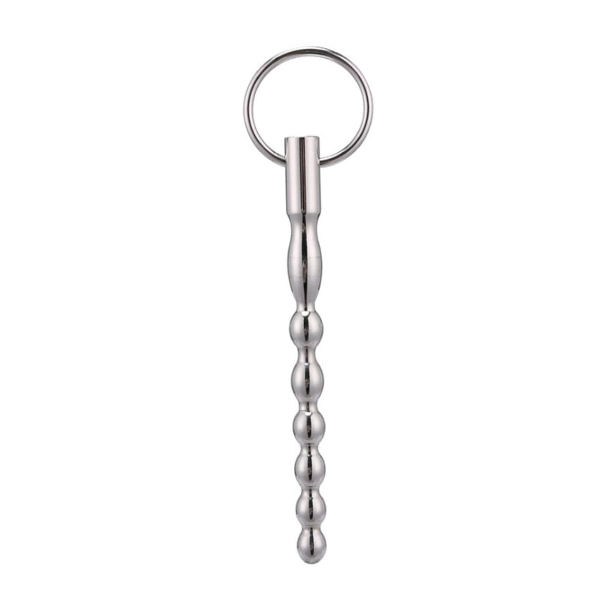 Front view of the stainless steel ribbed urethral sound with safety ring