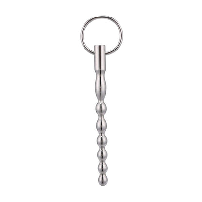 Front view of the stainless steel ribbed urethral sound with safety ring