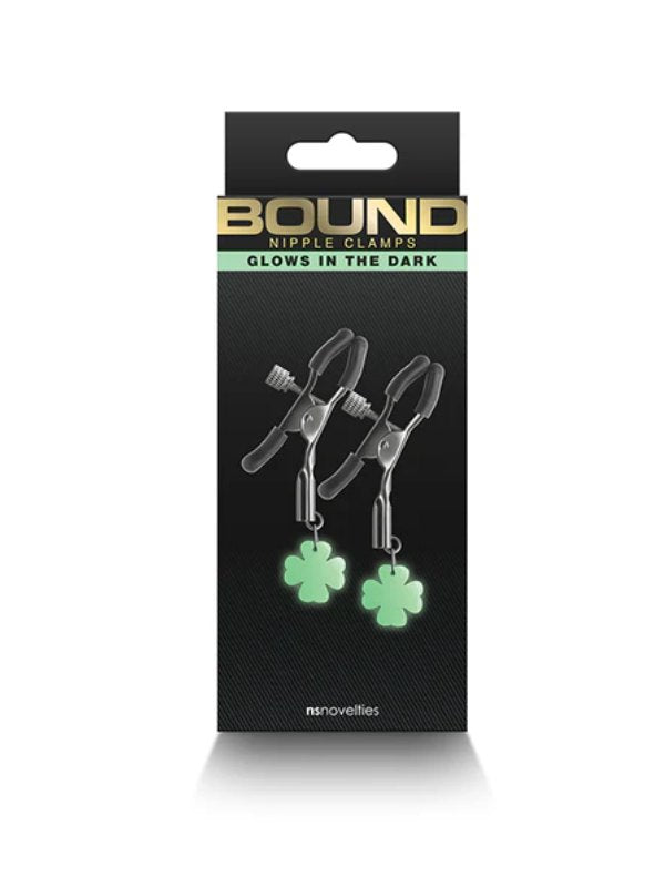 Bound Gunmetal Four Leaf Clover Glow In The Dark Nipple Clamps - Passionzone Adult Store