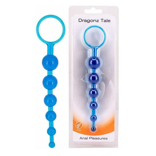 Blue beaded analpleasure with packaging labeled 'Dragonz Tale' on a white background