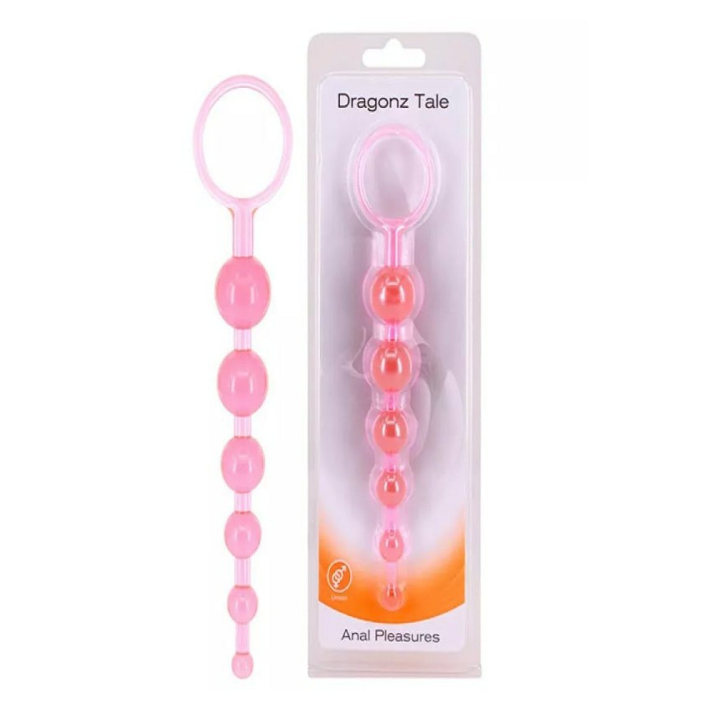 Pink analpleasure product with packaging labeled 'Dragonz Tale' on a white background