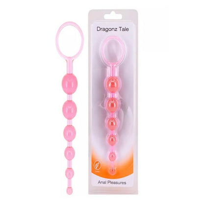 Pink analpleasure product with packaging labeled 'Dragonz Tale' on a white background