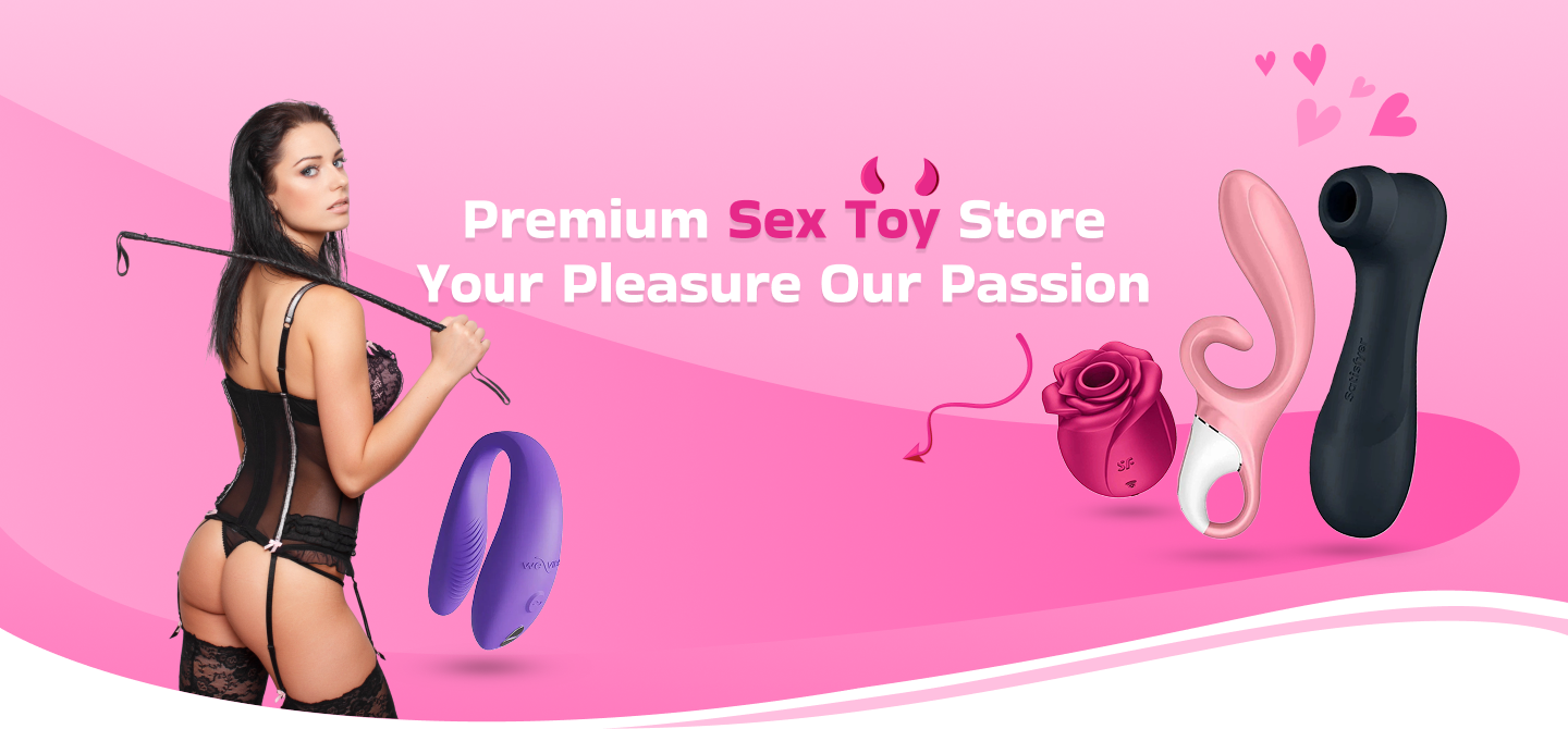 Advertisement for a premium sex toy store with products on a pink background