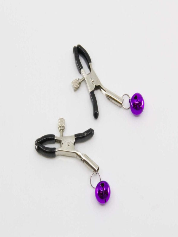 Love In Leather Bell Nipple Clamps Purple - Passionzone Adult Store
