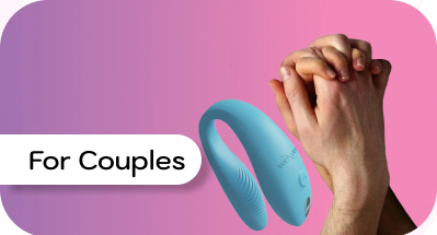 Blue couples' product with hands holding it against a pink and purple gradient background