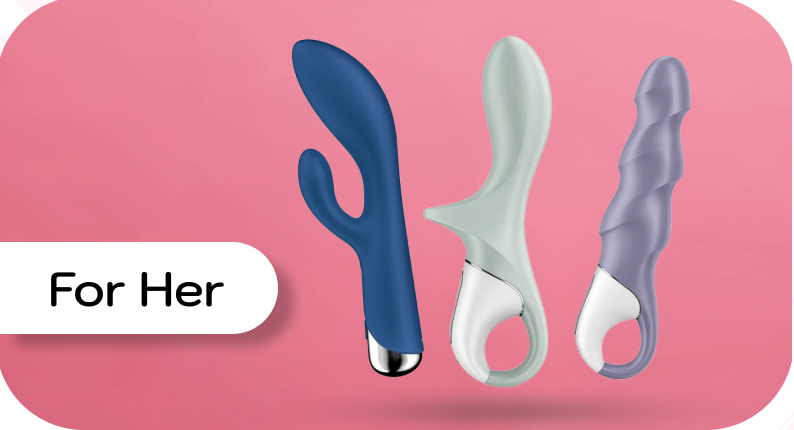 Three sex toys on a pink background with 'For Her' text.